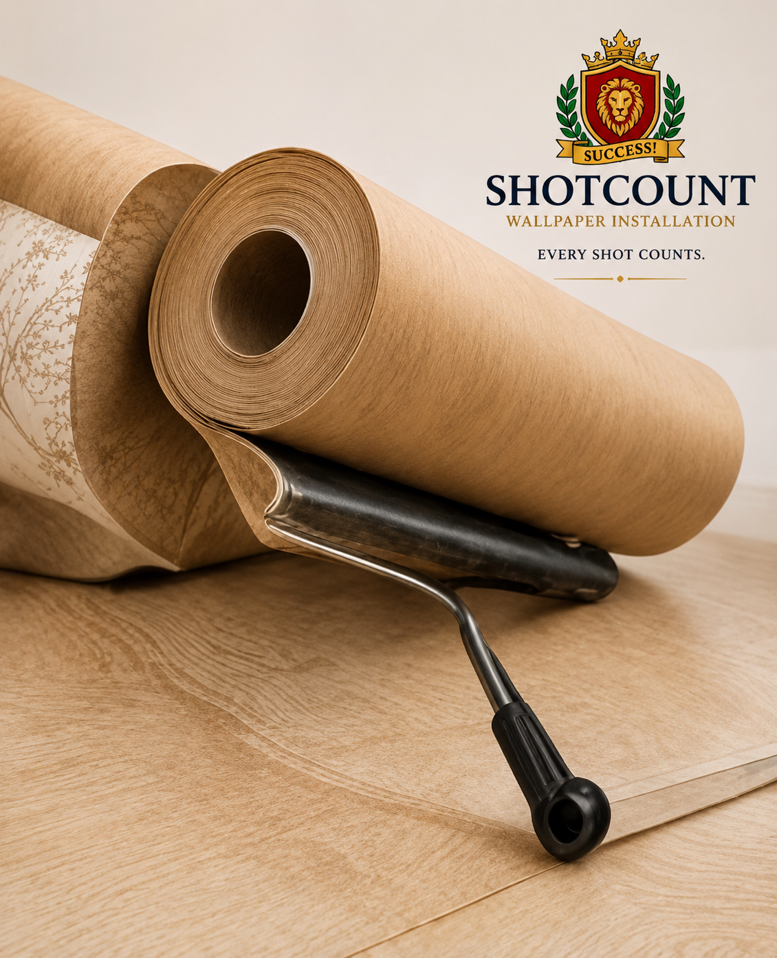 Rolled wallpaper and tools